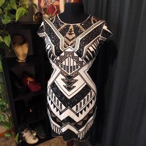 Express Aztec Art Deco Cap Sleeve Sequin Dress M